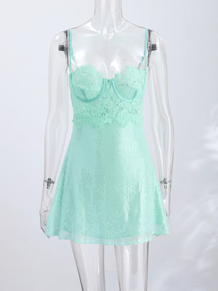 Lace Sequin Satin Spaghetti Strap Mini Dress A-Line Slim Fit 2026 Summer Delicate Women Party Dress Elegant Causal Lady Vestido