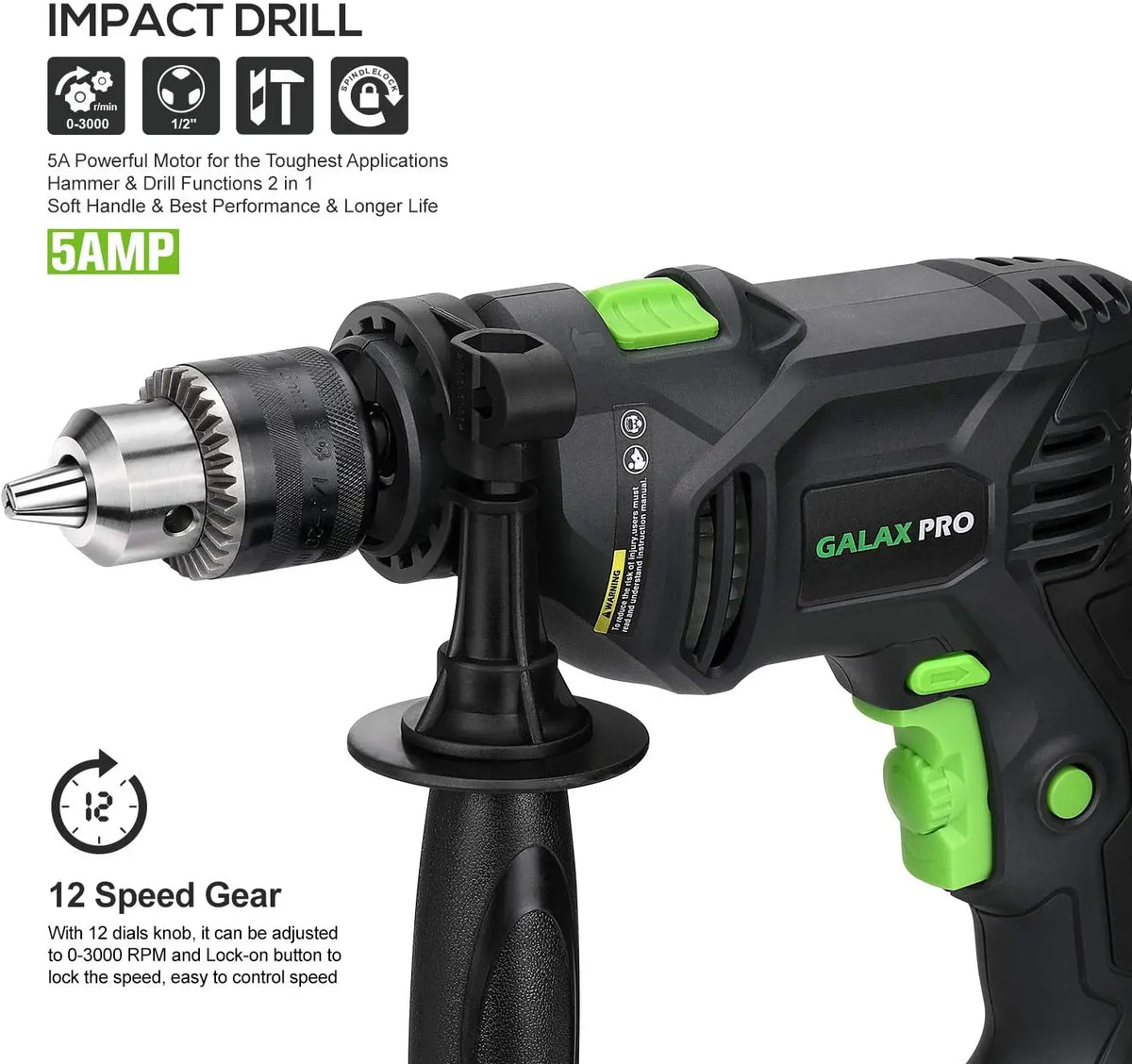 5Amp Hammer Drill with 105 Accessories, Variable Speed 0-3000 RPM, Dual Function, Rotating Handle and Case