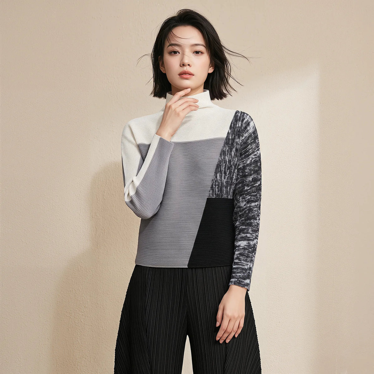 LANMREM Spring Autumn New Women's Pleated T-shirt High Collar Colorblock Long Sleeve Pullover Tops Simple Versatile Elastic Tee