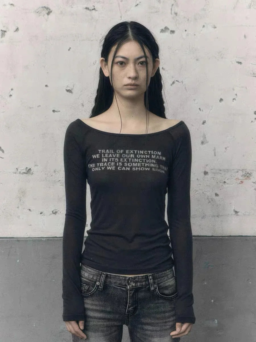 Bohemseo Spicy Girl Letter Print Semi-Transparent ort Sve Long T-irt Women's Faion Commute Sle Slim Fit Cotton Spring