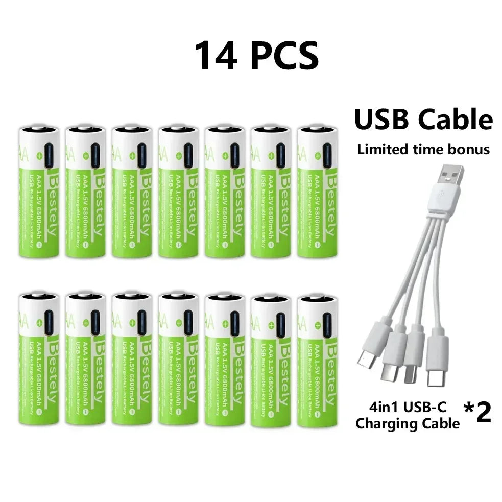 2025 Pro 1.5V AAA 6800mAh Rechargeable Battery, Type-C Fast Charging Li-ion Batteries, 2000 Cycles LED Indicator with Free Cable