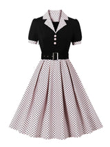 Tonval Black and Polka Dot Vintage Pleated Dresses Notched Collar 2025 Elegant Summer Women Short Sleeve Belted 50s Retro Dress