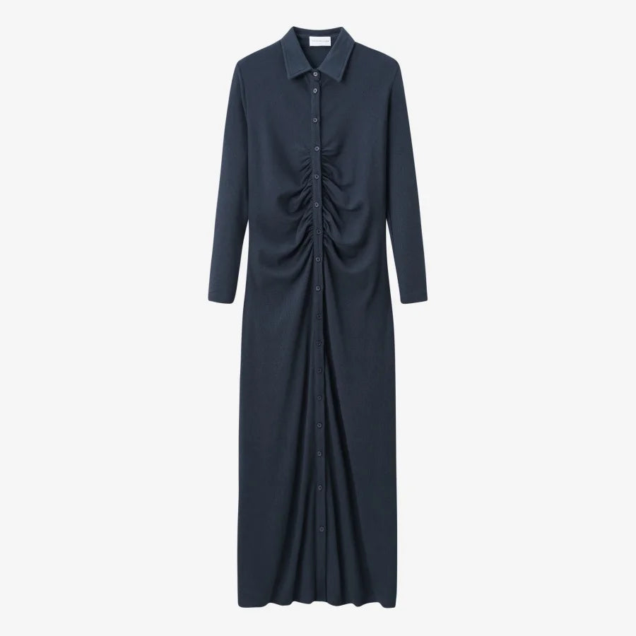 AS AW25 woman dress turn-down collar ribbing high elastic shirring maxi dress