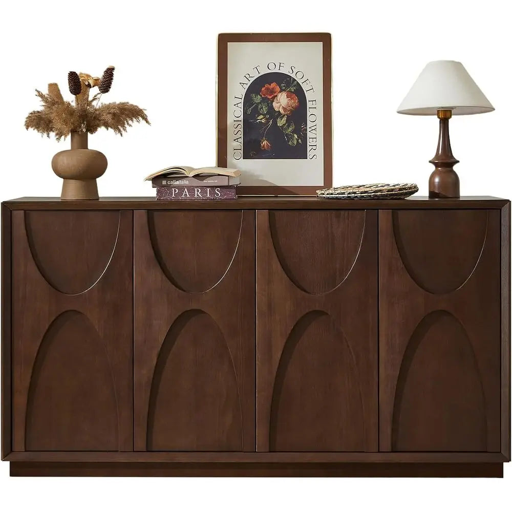 Retro Walnut Sideboard Cabinet with Magnetic Door, Adjustable Shelf for Living Room or Kitchen