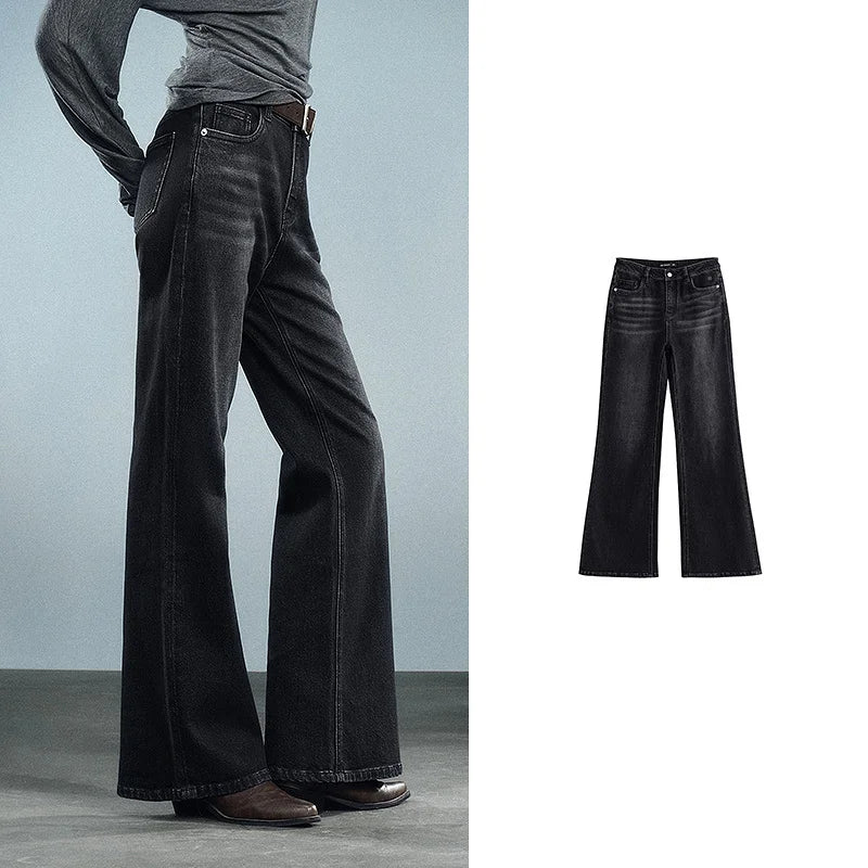TOYOUTH Women Denim Jeans 2025 Autumn New Retro Lycra Micro Flare Pant