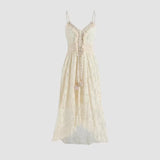 Summer Women Lace Strapless Flared Maxi Dress Solid White Long Dress Sleeveless V Neck Flowy Ruffle Bohemian Dresses