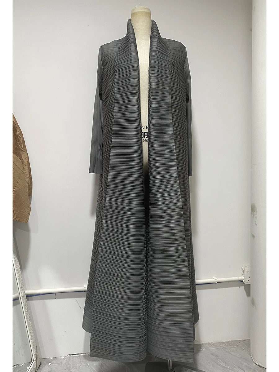 Miyake Pleated Turndown Collar Long Sleeve Cardigan Dress Long Coats Women New Abaya Fashion Solid Loose Large Size Clothes