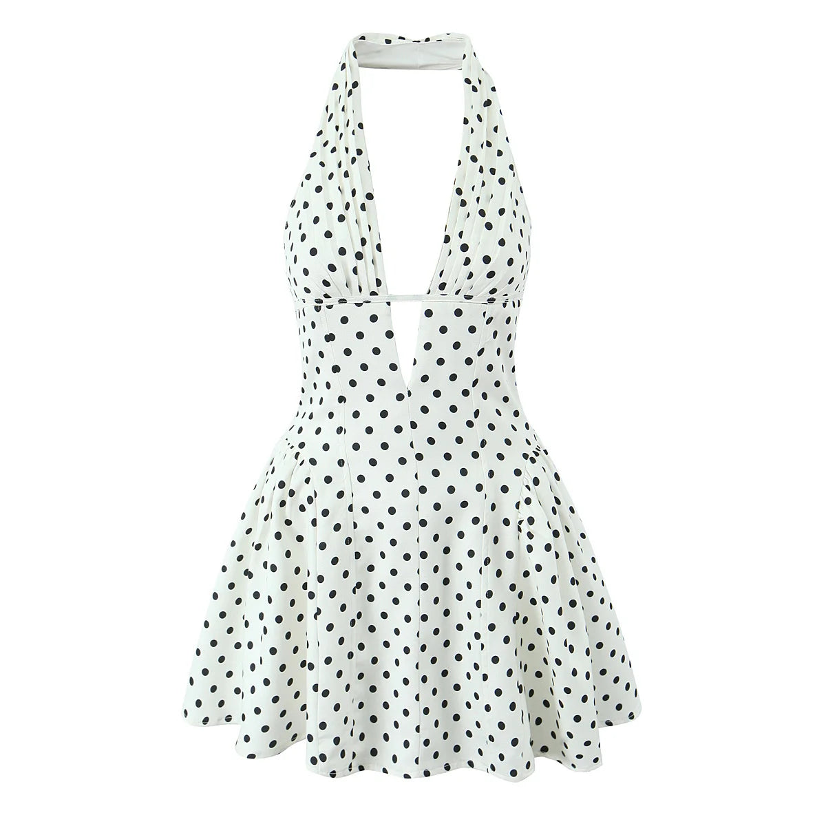YENKYE French Style Retro Polka Dot Deep V Halter Dress Women Sexy Backless A-line Slim Sweet Elegant Mini Dresses Summer Robe