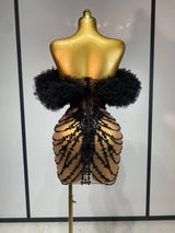 Women Sexy Strapless Backless Black Diamond Mini Dress Evening Party Birthday Costume Nightclub Singer Stage Performance Costume