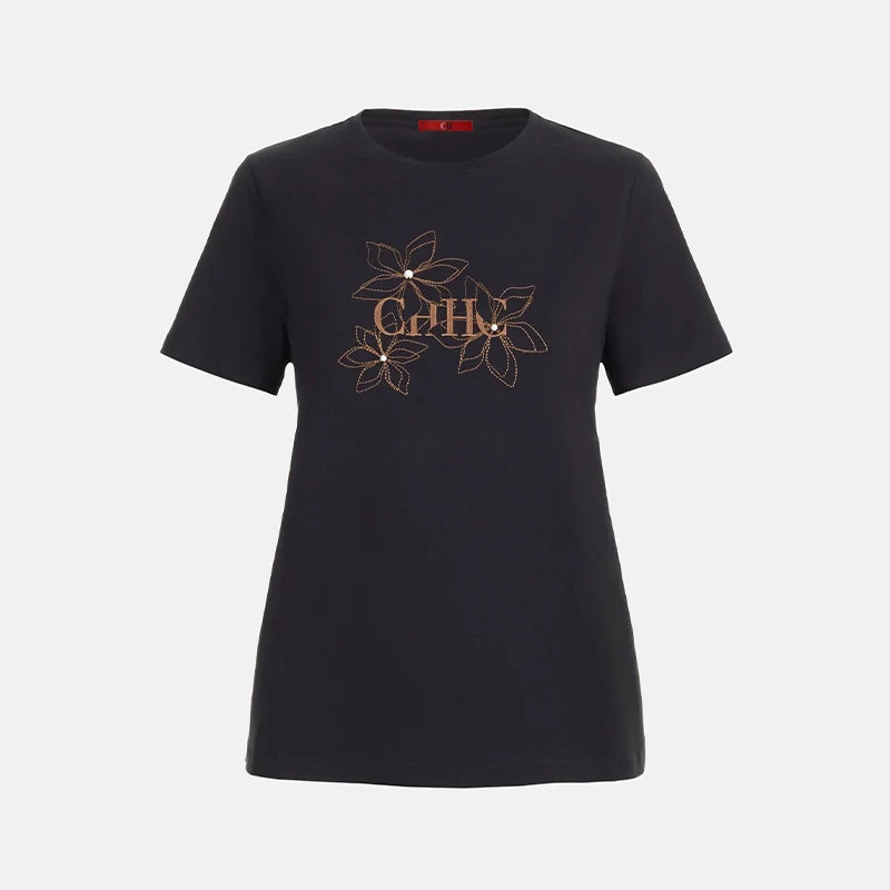 CH Women's Crew Neck T Shirt Floral Embroidery Pearl Decor Short Sleeve Casual Daily Wear Basic Tops
