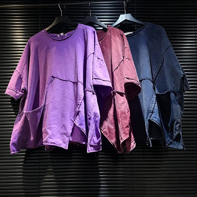 DEAT 2026 Summer Distressed Washed Deconstructed T-shirt With Patchwork Design Asymmetrical Hem Loose Short-sleeved Top 11B467