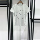Trendy 2026 Summer Flocking Clock Print Round Neck Stretch Slim Fit T-Shirt