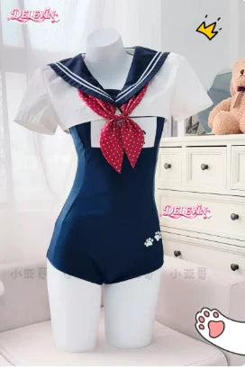 Summer Vacation Beach Swimming Outfit Cute Sweet Sailor Collar Short Sleeve Crop Top Bow Tie One-piece Bikini Swimsuit Set Women