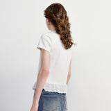 TOYOUTH Women T-Shirt 2026 Summer New White Lace Trim Splicing Crew Neck Slim Fit Figure-Flattering Trendy Tops