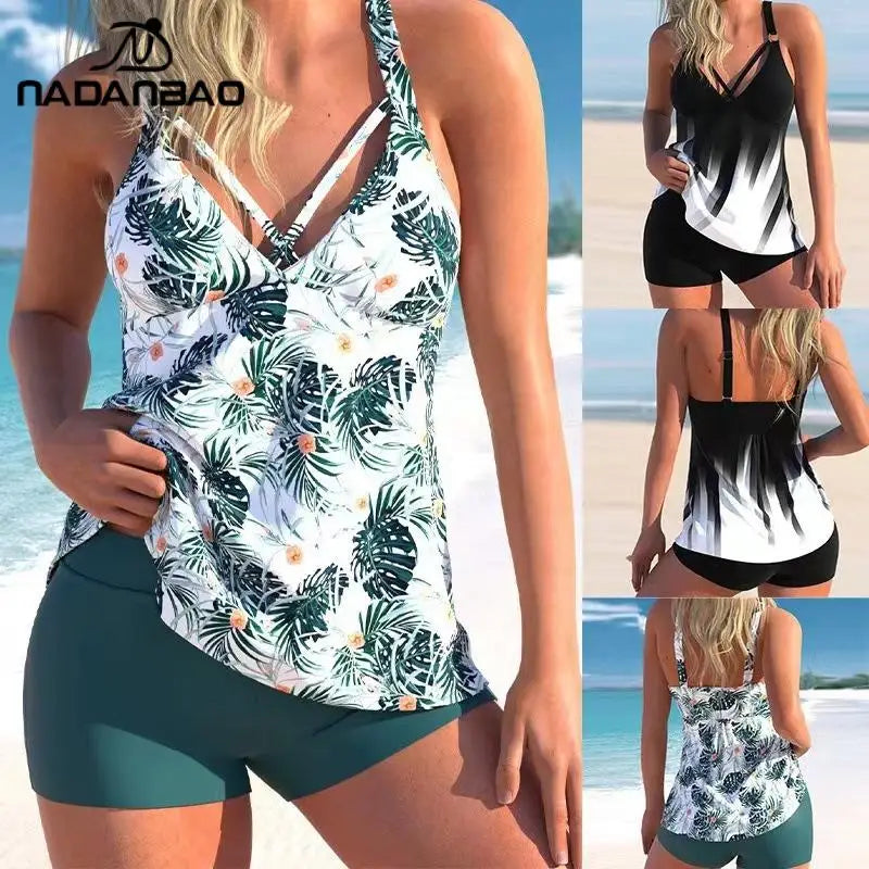 Nadanbao Women's Floral Leaf Print Swimsuit Conservative Bikini Swimwear V Neck Crisscross Tankini Set Sports Swimming Suit
