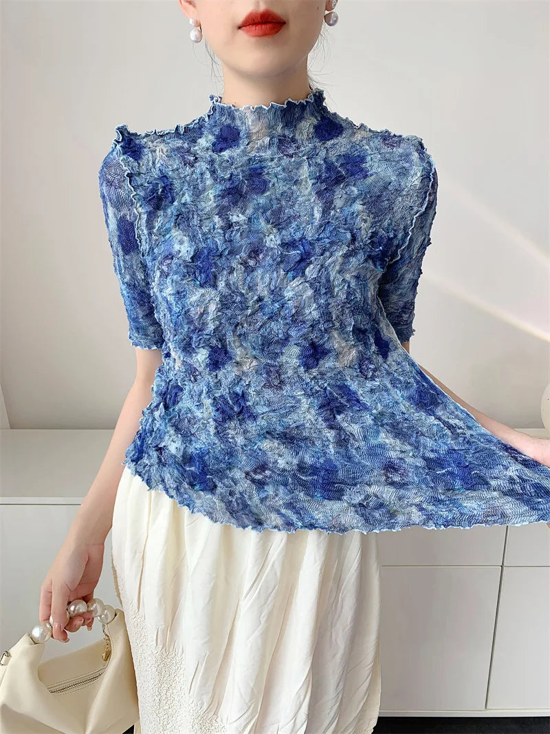Printed Summer Pleated Top Comfortable Casual Split Loose T-Shirt Round Neck Short Sleeve Stretchy Tight Office Women's