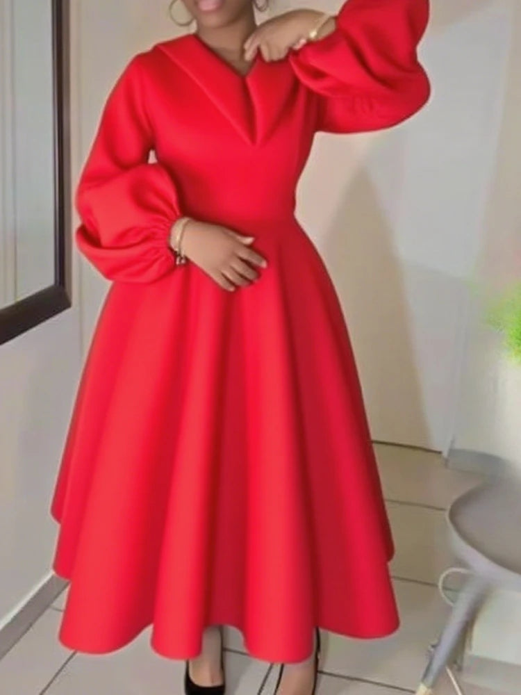 Women Church Dresses A Line Long Lantern Sleeve Turn Down Collar Party Christmas Celebrate Occasion Birthday Stylish African New