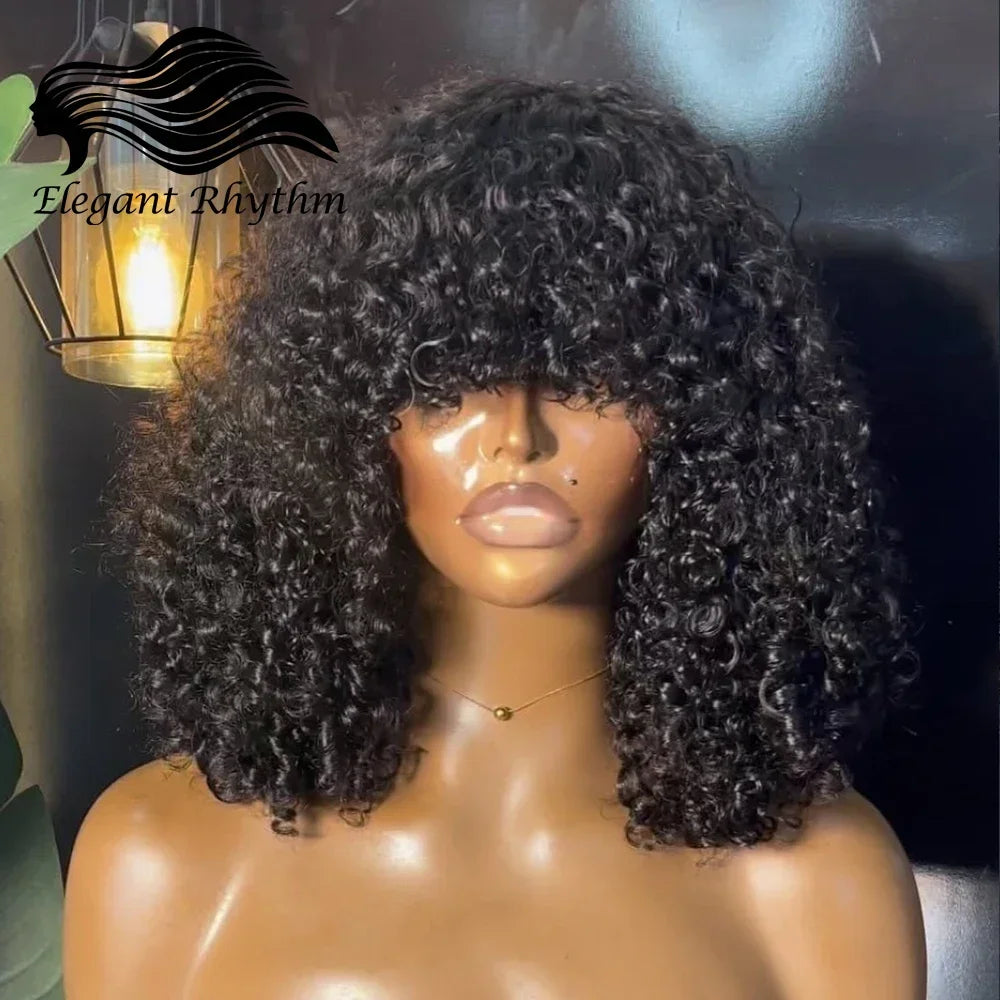 Jerry Curly Wig With Bangs 10A Brazilian Virgin Human Hair Glueless None Lace Front Wig Kinky Curly Human Hair For Black Women