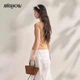 MISHOW Cool Linen Flying Sleeve Knitted Lapel T-shirt 2026 Summer Casual Style Tees Hollow-out Hook Flower Design Top MXF16Z3033