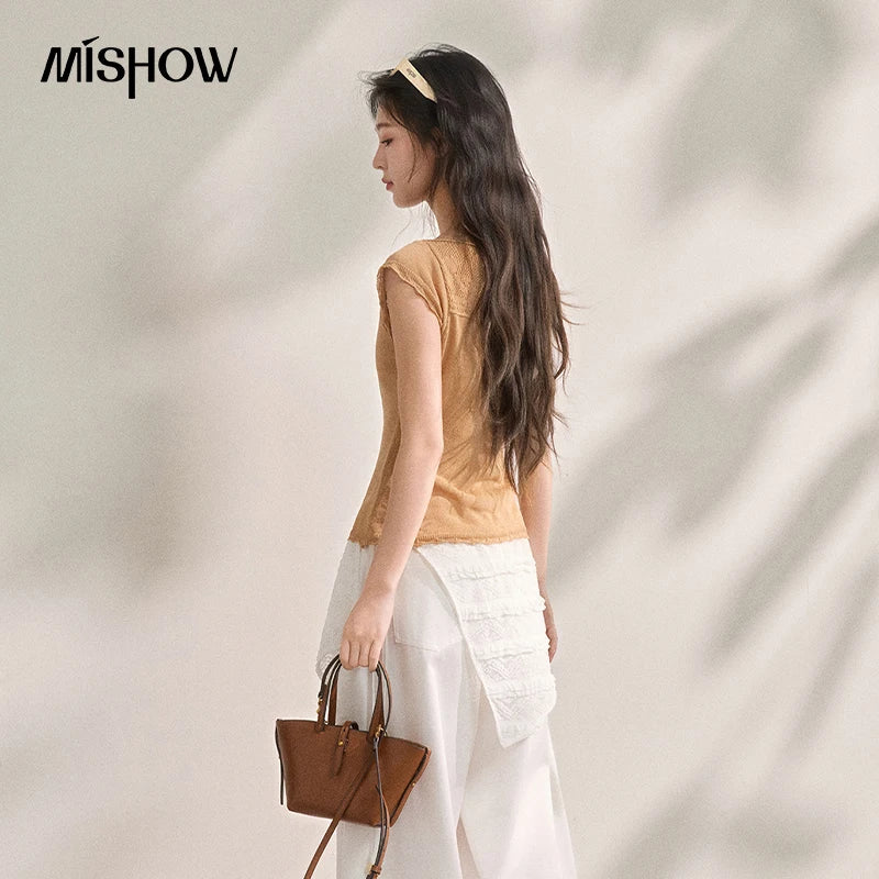 MISHOW Cool Linen Flying Sleeve Knitted Lapel T-shirt 2026 Summer Casual Style Tees Hollow-out Hook Flower Design Top MXF16Z3033