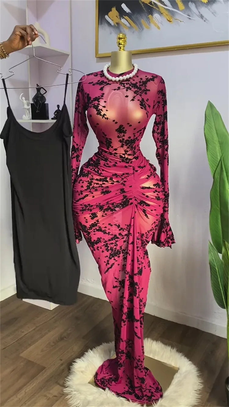 CM.YAYA Women Long Sleeve Stacked Mesh with Lining Bodycon Cocktail Long Dress 2025 Autumn Evening Birthday Sexy Party Dresses