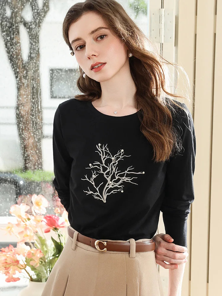 I BELIEVE YOU Women's Long Sleeved T-shirt 2025 Autumn Fashion Black Embroidered Nail Bead Casual Tops Woman Clothes 2253016106