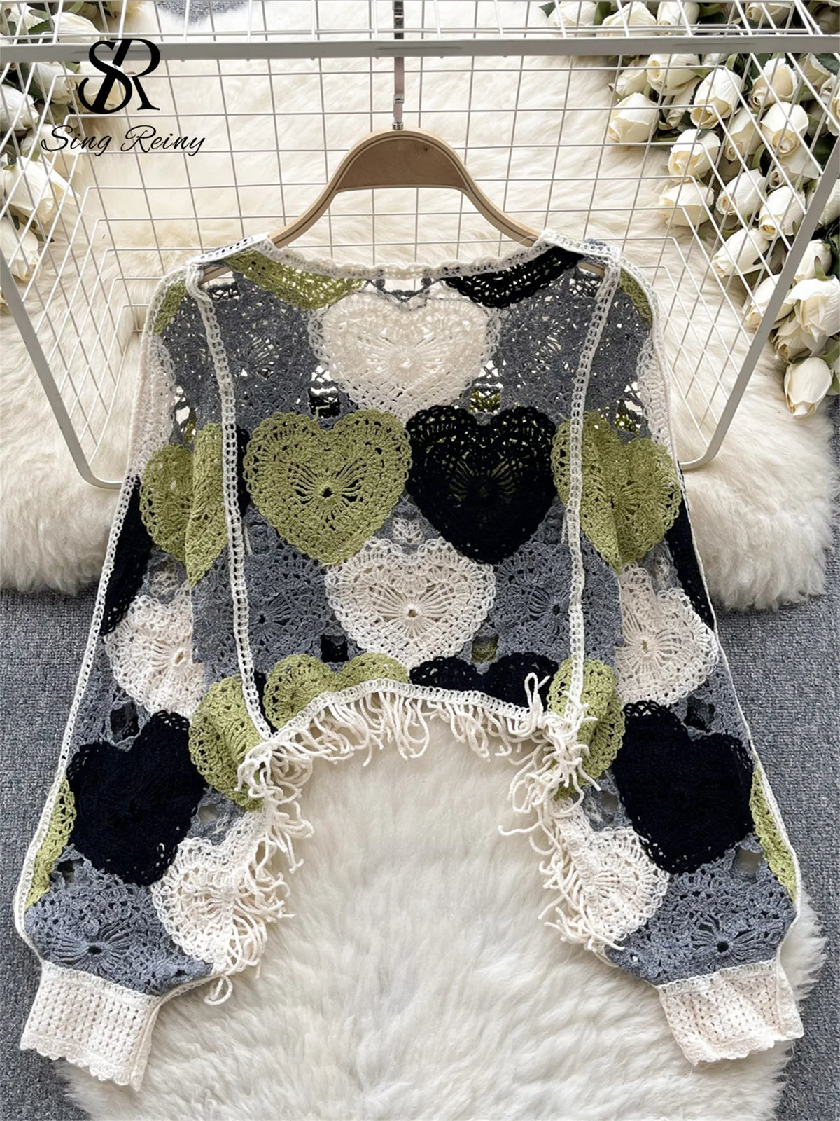 SINGREINY Fashion Casual Loose Blouse Women O Neck Hook Flower Hollow Long Sleeved Tassel Design Autumn Streetwear Knitting Top