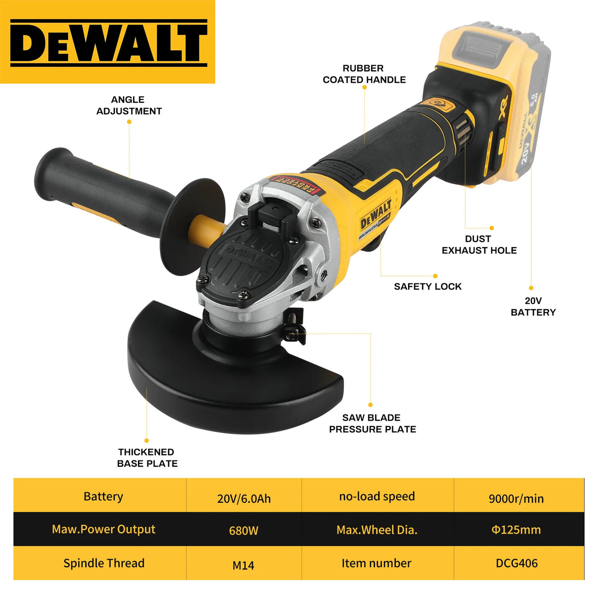 125mm Brushless Angle Grinder DEWALT 406 20V Comfortable Ergonomic Handle for Metal Stone Cutting and Polishing Jobs