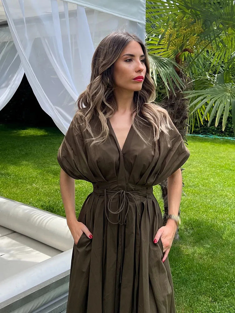 HH Female Summer Elegant Long Dress Solid V-Neck Short Sleeve Bow Lace-Up Single-Breasted Women's Fashion Casual Dress