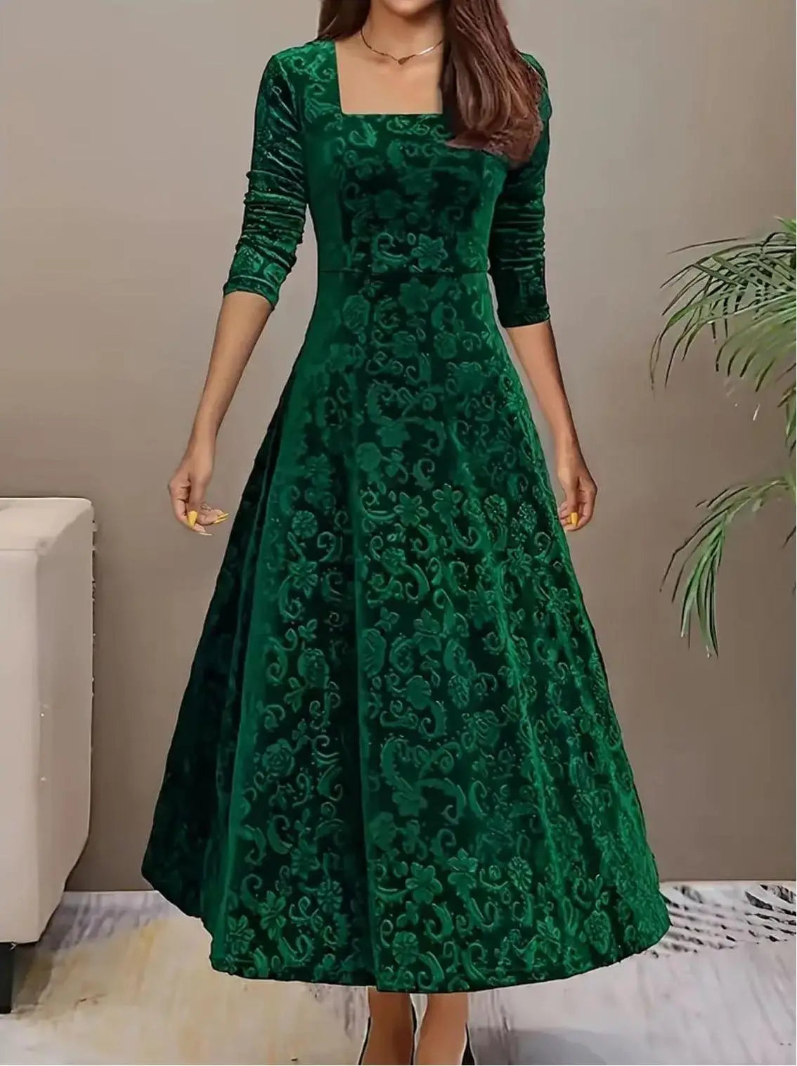 Plus size women's fashion Korean fleece fabric elegant bohemian long sleeve dress