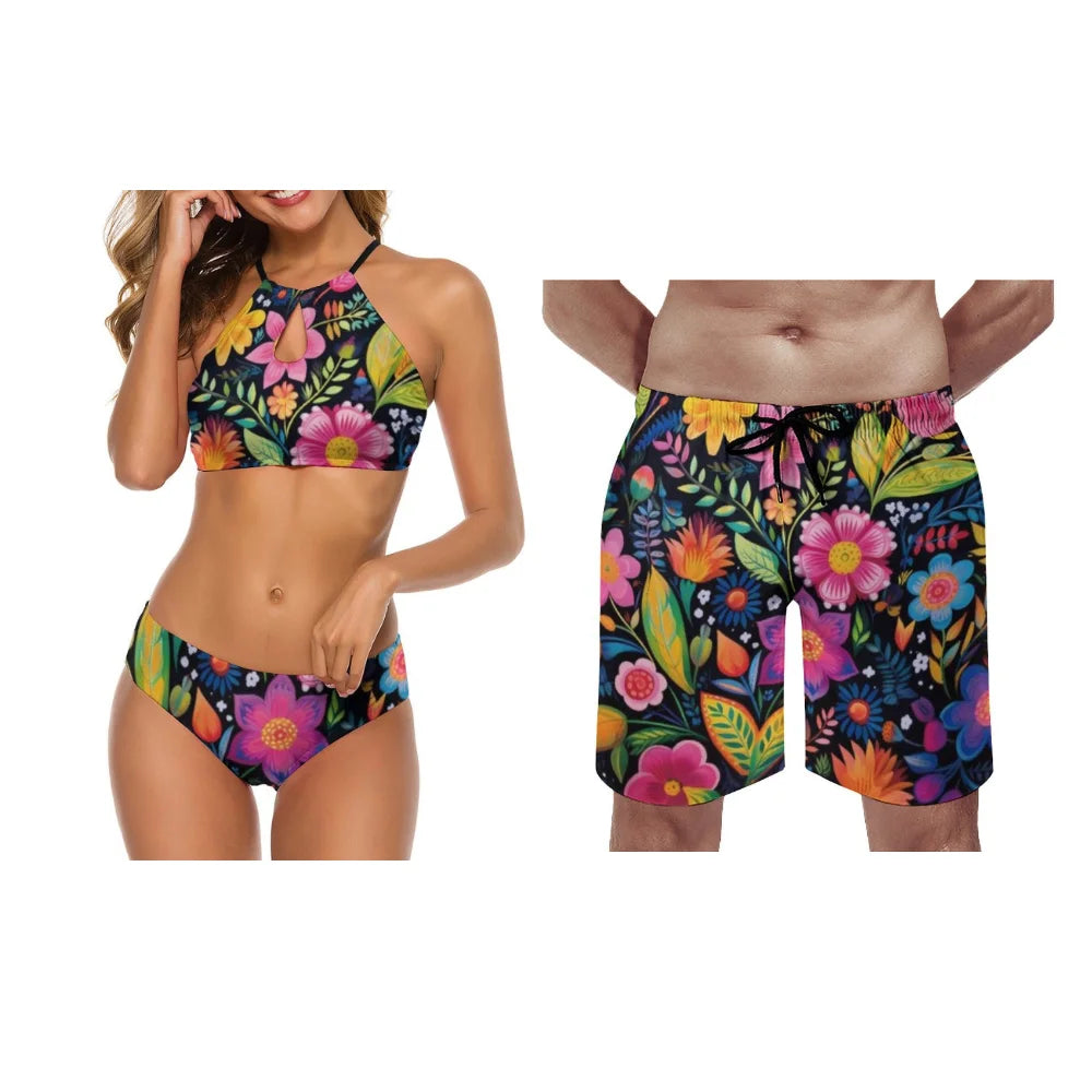 Summer Beach Swimsuits Couple Outfits Women's Two-Piece Swimsuits Summer Flower Patterns Customizable