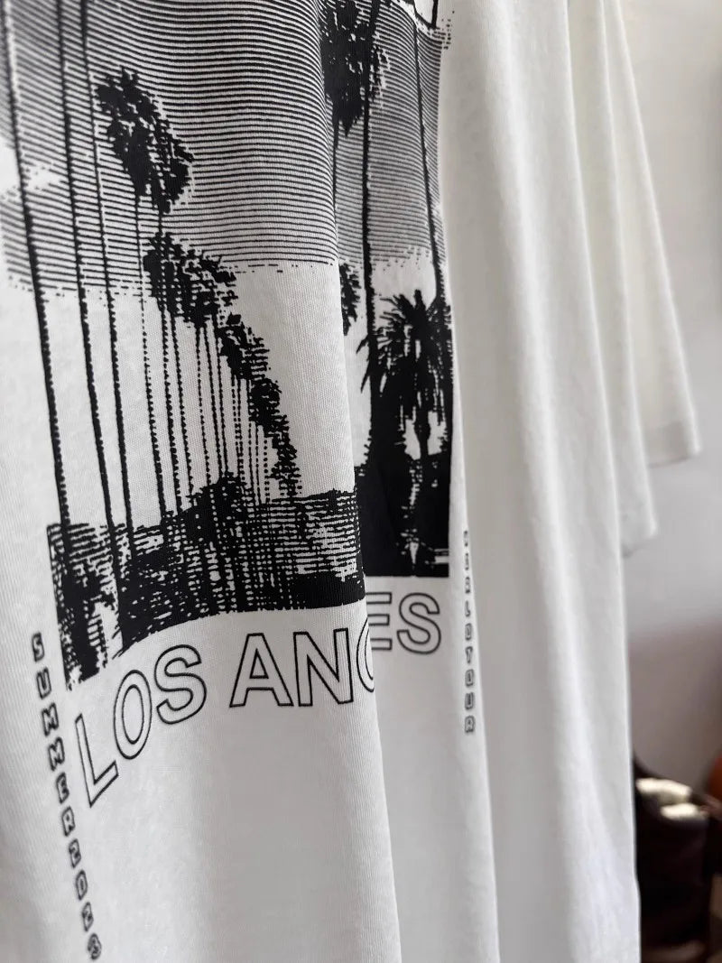 Flordevida New graphic printed Letter Coconut Tree Cotton White Women's Short-sleeved Summer T-shirt female