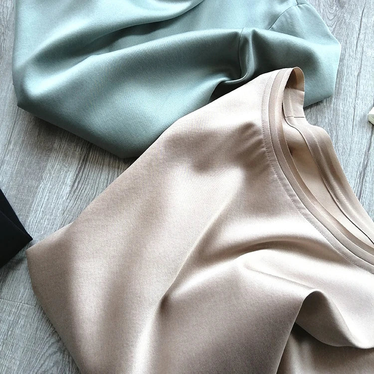 25MM Heavy plain crepe satin silk short-sleeved T-shirt 2021 summer new small loose 4XL solid color mulberry silk top shirt