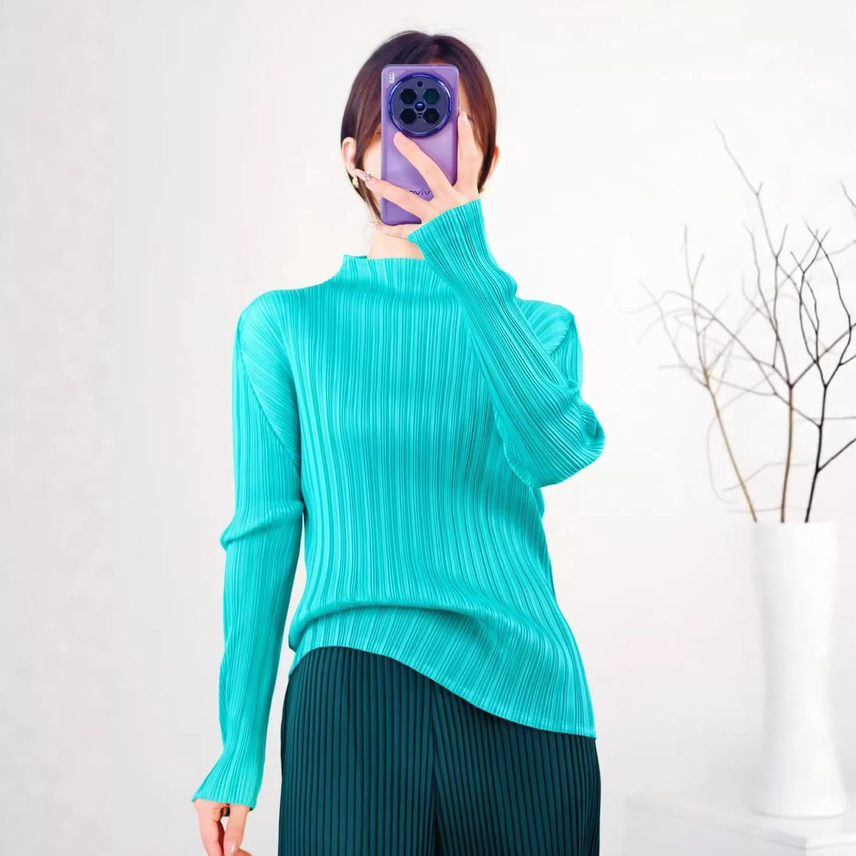 Miyake Pleated Turtle Neck Long Sleeve Top Stylish Black Lightweight Wrinkle Resistant Women's Casual Simple Fashion Shirt