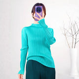 Miyake Pleated Turtle Neck Long Sleeve Top Stylish Black Lightweight Wrinkle Resistant Women's Casual Simple Fashion Shirt