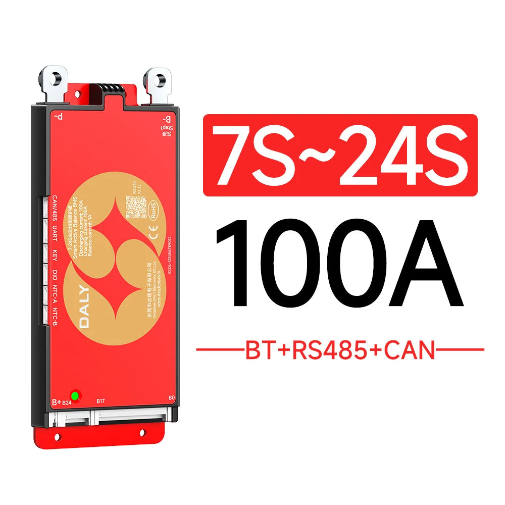 DALY BMS 12V 24V 100A Smart BMS 4S-8S with BT Function 1A Active Balance BMS for LiFePO4 Lithium Ion Battery RS485 CAN