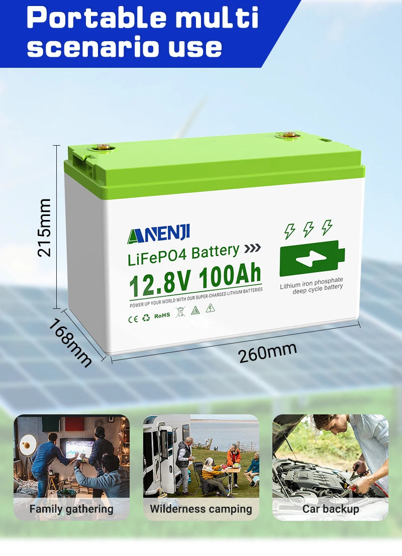 ANENJI LiFePO4 battery 12.8V 100AH 1.28KWh Power Battery Backup Solar Storage 12V-100AH lithium Battery for Home built-in BT BMS
