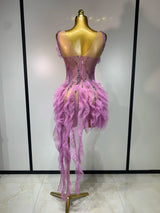 Women Sexy Mesh Ruffle See Through Mini Dress Sparkly Rhinestone Evening Party Prom Gown Nightclub Singer Stage Costume