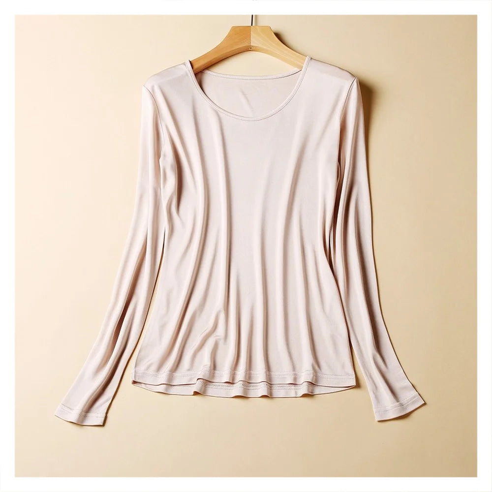 2025 Fashion New Mulberry Silk Long Sleeve Bottoming Shirt Women's Silk Knitted Solid Color Round Neck Bottoming Shirt