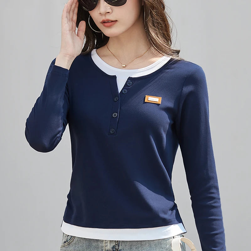 Deep Blue Long Sleeved T-Shirt for Women's Autumn New High-End Cotton Fashion Plus Size V-Neck Fake Two Piece Casual Top