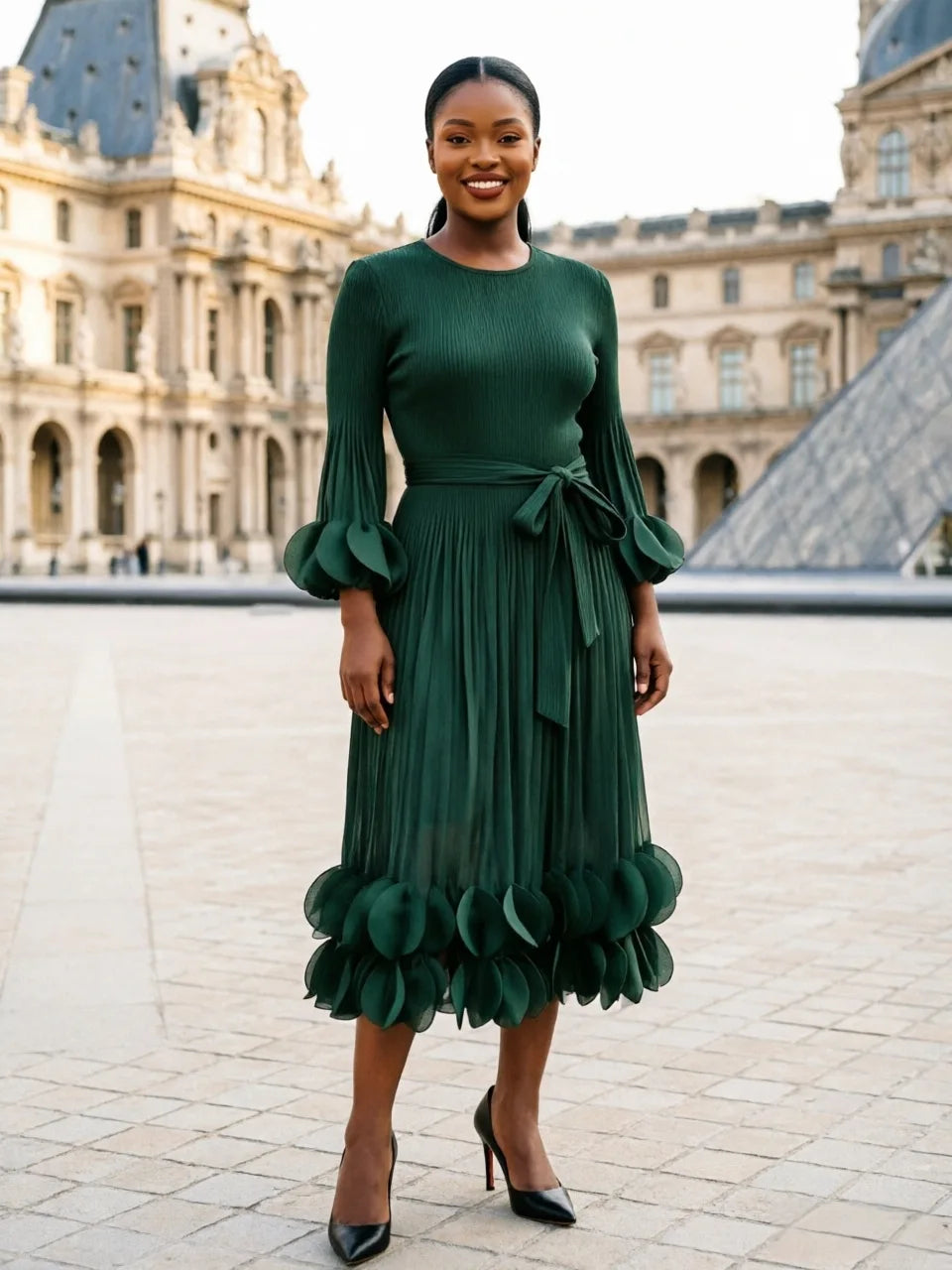 LANMREM Niche Women's Pleated Dress Fashion Solid Color Elegant Round Embellishments Patchwork Design Famale Clothing 2DB8043