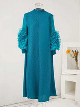 LANMREM Maxi Pleated Dress Round Neck Spliced Fungus Full Sleeve Dresses For Women 2025 New Spring Clothing 2Qa1331
