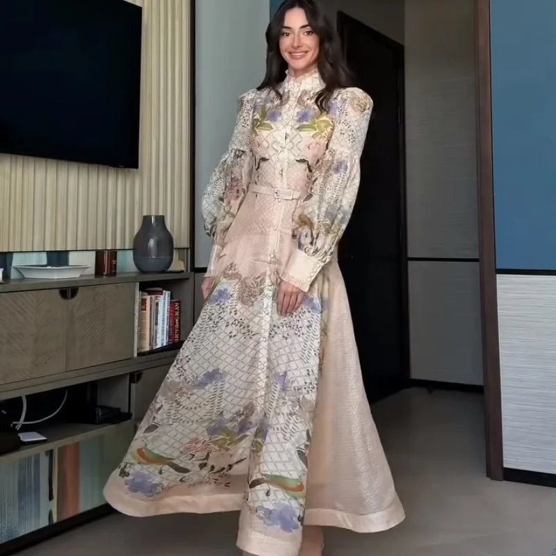 Retro Floral Print Women's Long Dress With Tassel Belt Stand Collar Long Sleeve Muslim Kaftan Dresses 2026 Spring New Lady Robes