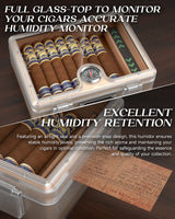Humidor Cigar Box, with Straight Cutter Guillotine, V Cut, Puncher, Glass Top Case, Cedar Wood Lining, Humidifier Hygrometer