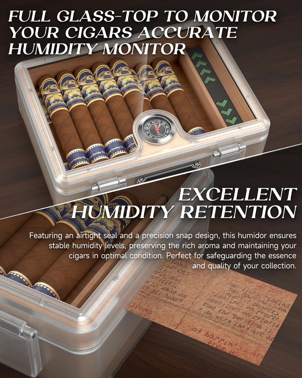 Humidor Cigar Box, with Straight Cutter Guillotine, V Cut, Puncher, Glass Top Case, Cedar Wood Lining, Humidifier Hygrometer