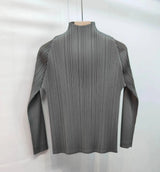 LANMREM 2025 New Long Sleeved Women's Pleated T-shirt Base Solid Color Stand Collar Slim Fit Long Pullover Tops Chic 2DB2996