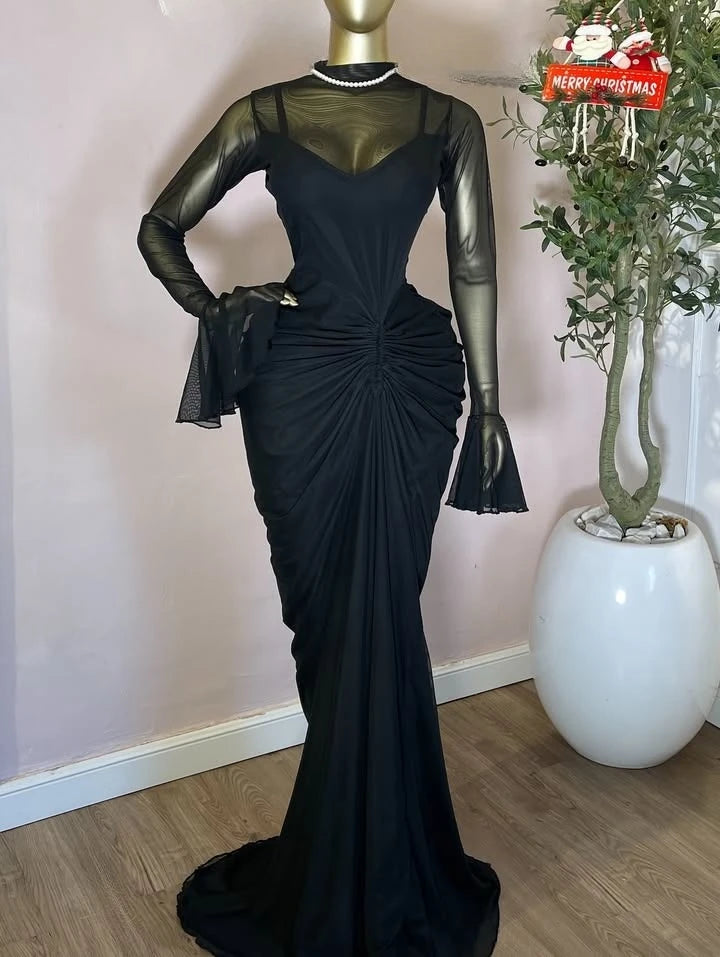 CM.YAYA Women's Flare Long Sleeve O-neck Ruched Mermaid Long Maxi Dress 2026 Street Mesh Sexy Party Cocktail Night Dresses