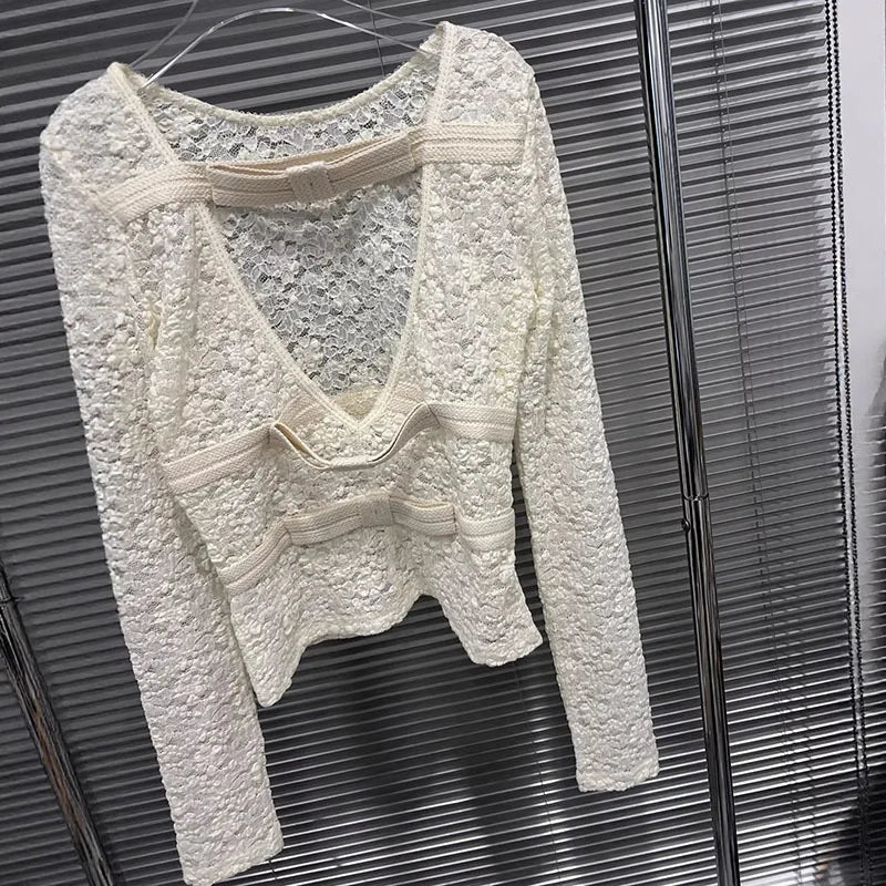 DEAT 2026 Spring New Lace Jacquard Bow Tie Backless Base Shirt For Women Versatile Long Sleeve Casual Pullover Female 11A08473