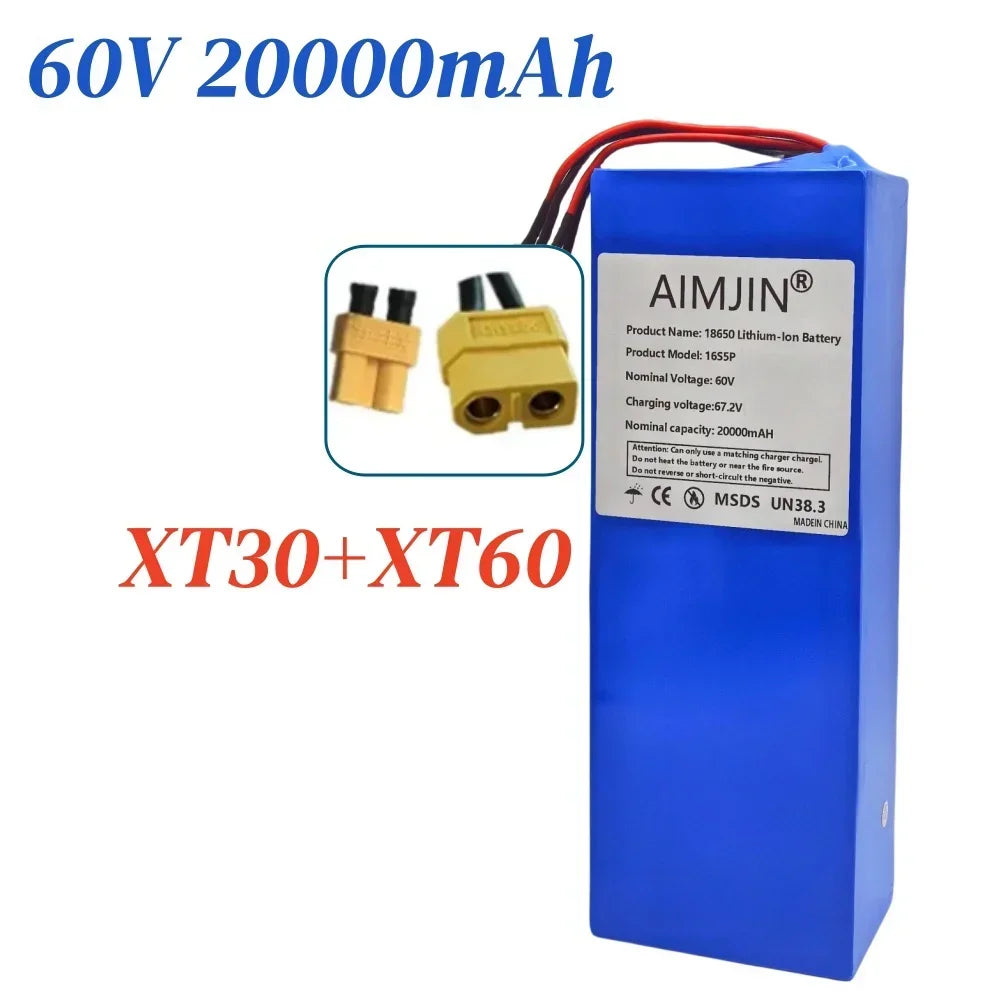 16S5P 60V 20Ah lithium battery pack 2000W high-power with built-in BMS for Motorcycle, scooter, Bicycle MotorReplace battery