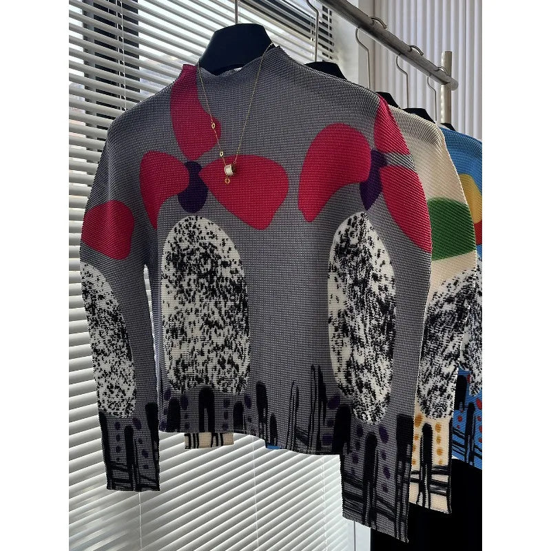 Miyake Pleated T-Shirt Plisse Unique Printed Long-Sleeve Pleats Top Spring/Summer 2026 Slightly High-Necked Fitted Fold T-Shirt